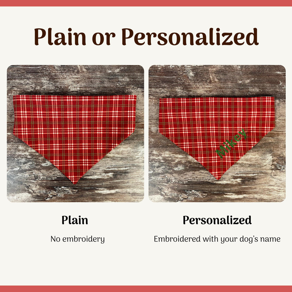 Personalized Red Plaid Dog Bandana with Custom Embroidery and a Scrunchie Neck