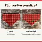 Personalized Red Plaid Dog Bandana with Custom Embroidery and a Scrunchie Neck