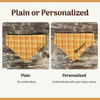 Personalized Dog Bandana, Orange Plaid Scrunchie Bandana with Embroidered Name, Slip-On Autumn Dog Accessory