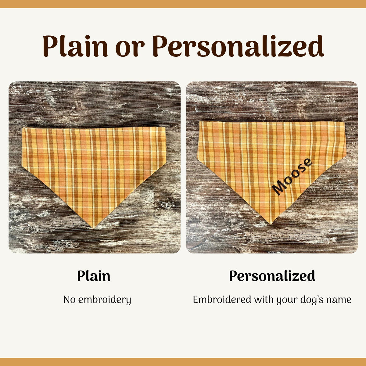 Personalized Dog Bandana, Orange Plaid Scrunchie Bandana with Embroidered Name, Slip-On Autumn Dog Accessory