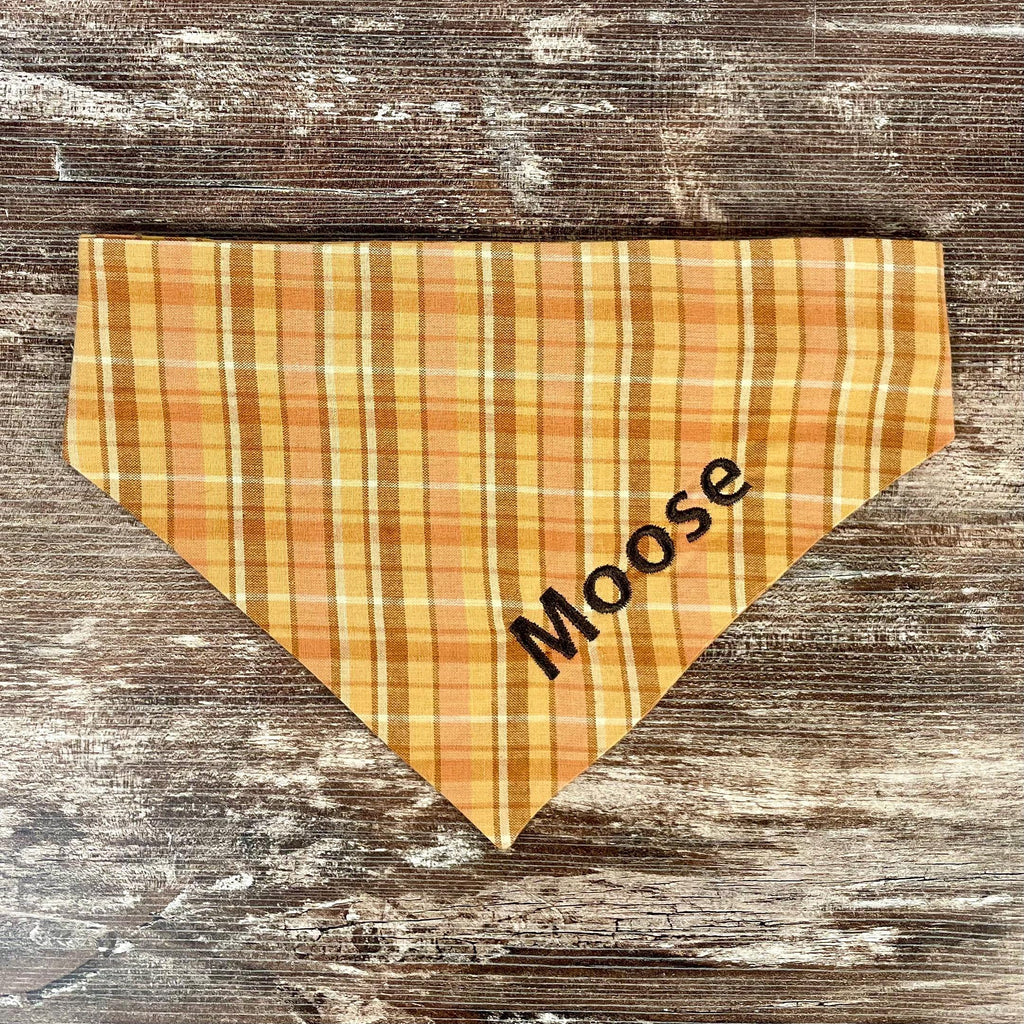 Personalized Dog Bandana, Orange Plaid Scrunchie Bandana with Embroidered Name, Slip-On Autumn Dog Accessory