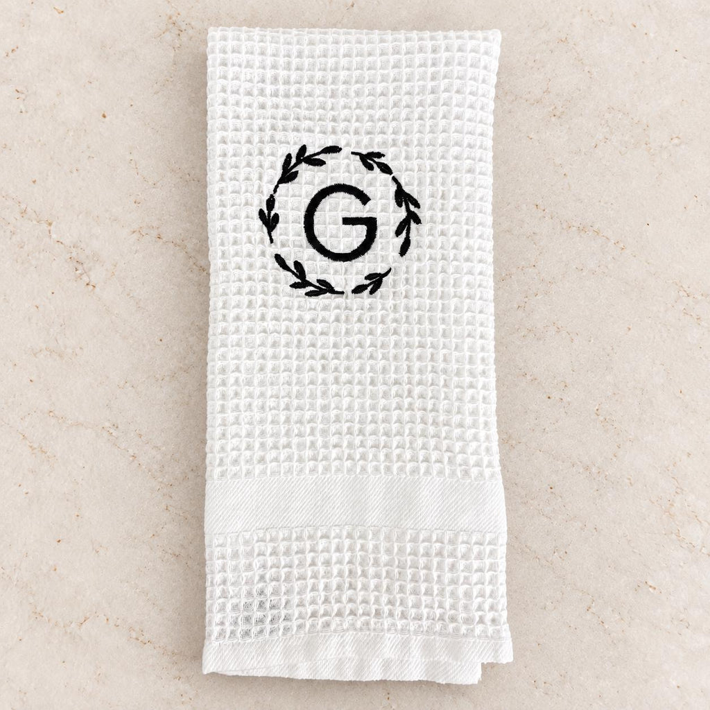 Personalized kitchen towel with custom embroidered monogram, thoughtful kitchen decor for a wedding, engagement or housewarming gift
