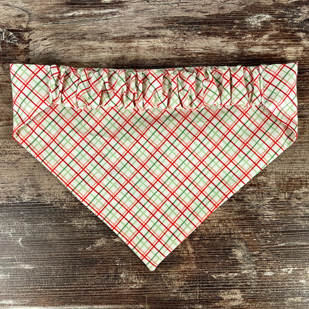 Personalized Christmas Dog Bandana in Red and Green Plaid with an Embroidered Name and Slip-On Scrunchie Neck