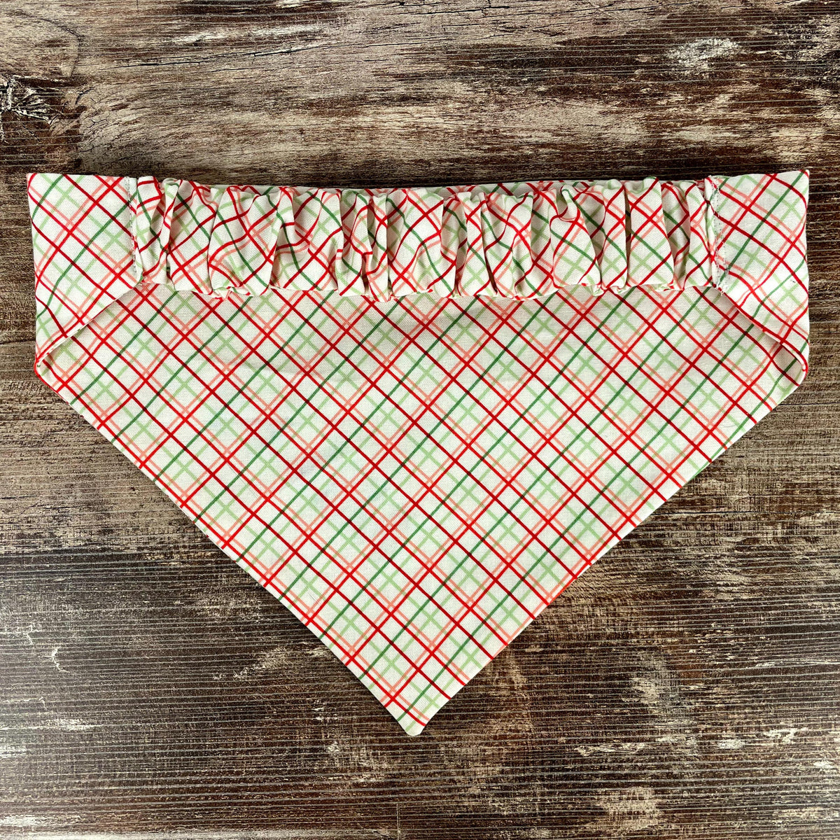 Personalized Christmas Dog Bandana in Red and Green Plaid with an Embroidered Name and Slip-On Scrunchie Neck