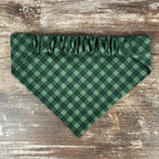 Personalized Green Dog Bandana in Classic Plaid with an Embroidered Name and Easy Slip-On Scrunchie Neck