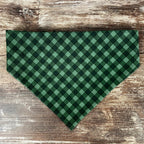 Personalized Green Dog Bandana in Classic Plaid with an Embroidered Name and Easy Slip-On Scrunchie Neck