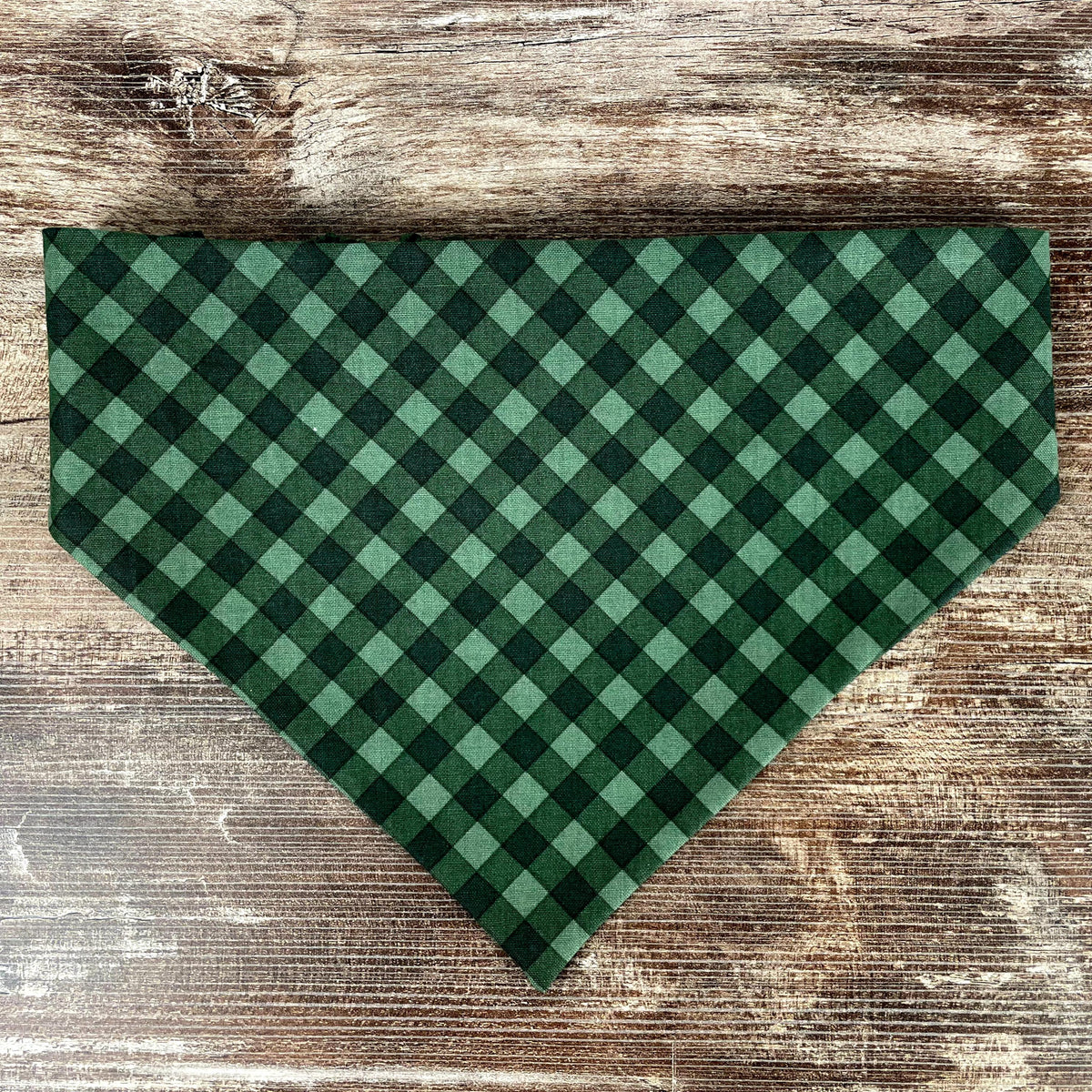 Personalized Green Dog Bandana in Classic Plaid with an Embroidered Name and Easy Slip-On Scrunchie Neck