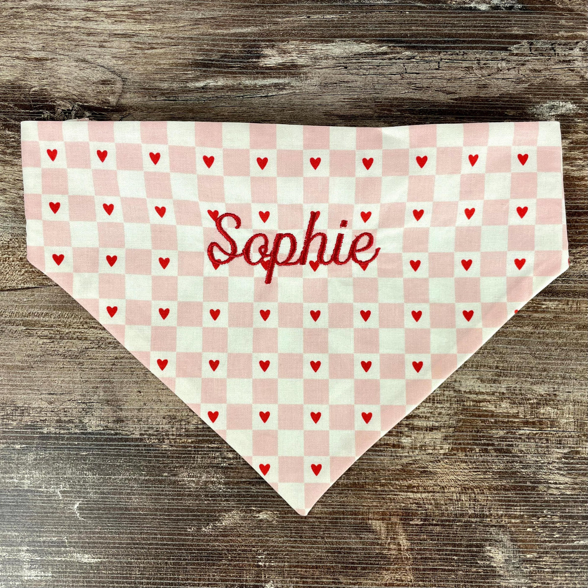 Personalized Pink Heart Dog Bandana with an Embroidered Name and Comfortable Slip-On Scrunchie Neck