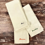 Embroidered napkin with personalized name, custom dinner napkin for holiday table settings, and hostess gifts