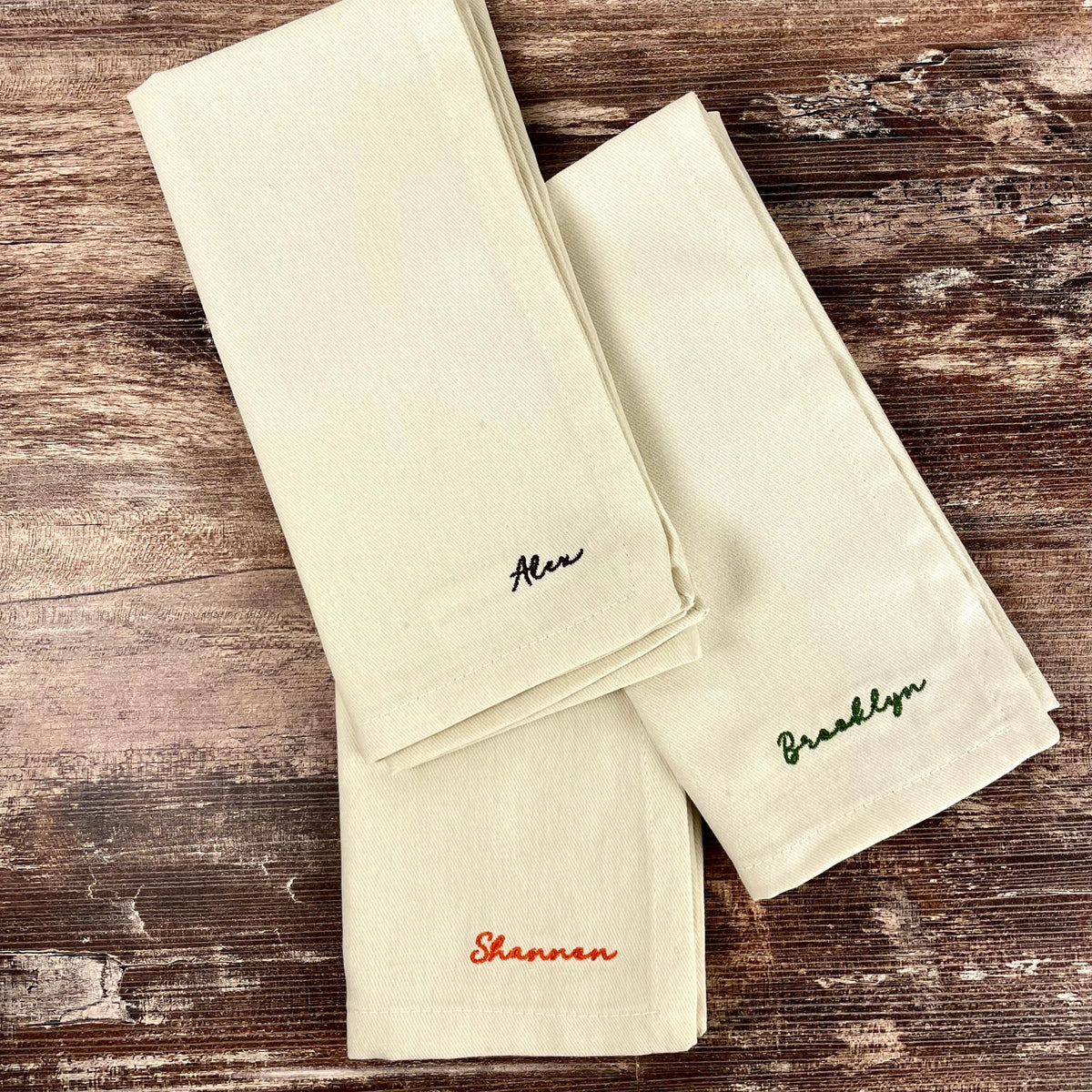 Embroidered napkin with personalized name, custom dinner napkin for holiday table settings, and hostess gifts