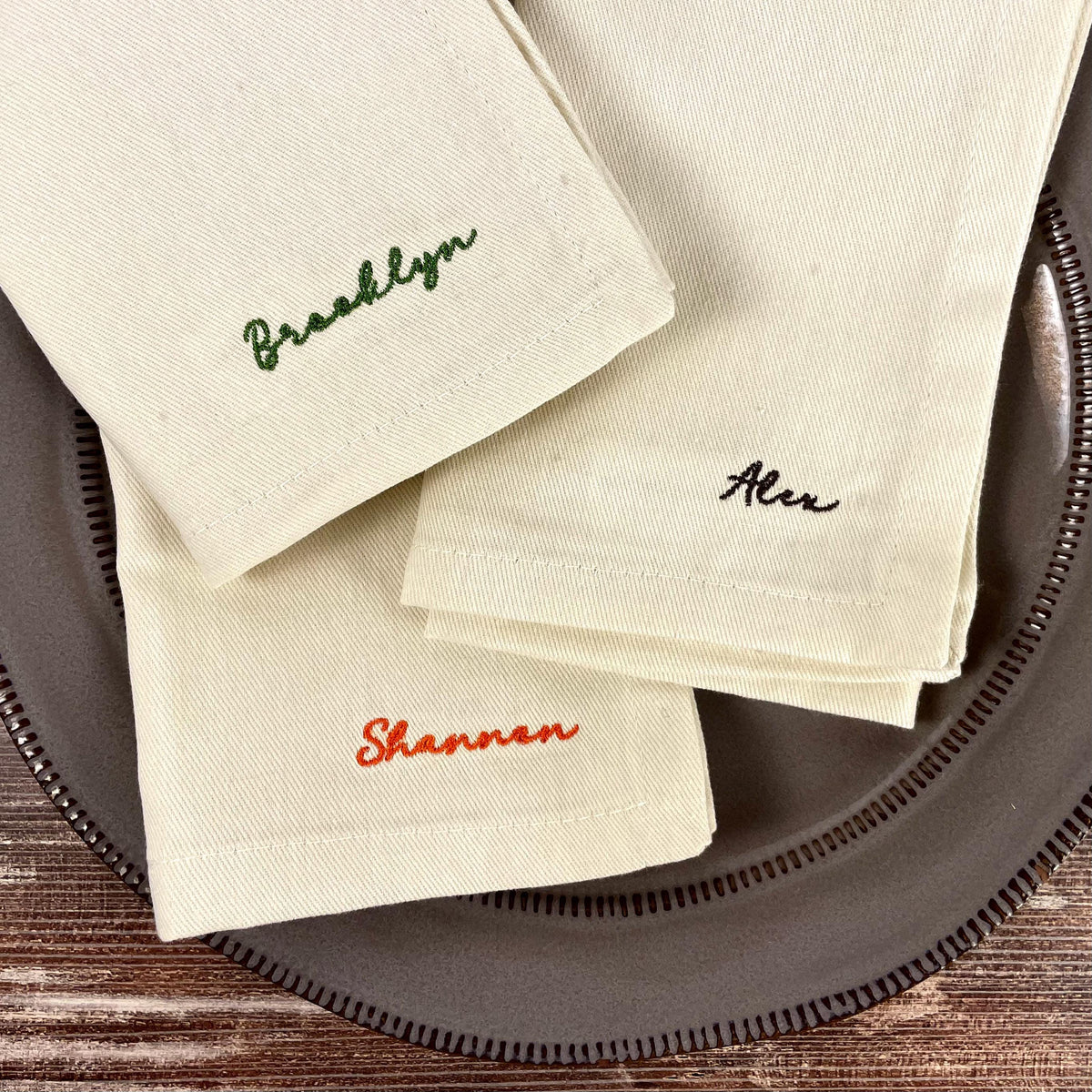 Embroidered napkin with personalized name, custom dinner napkin for holiday table settings, and hostess gifts