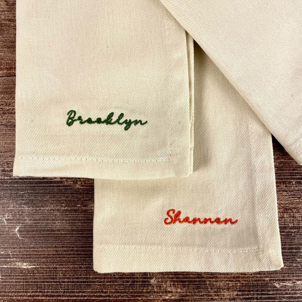 Embroidered napkin with personalized name, custom dinner napkin for holiday table settings, and hostess gifts