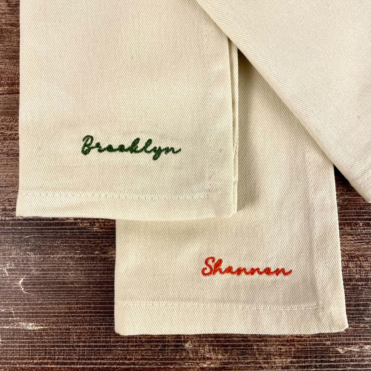 Embroidered napkin with personalized name, custom dinner napkin for holiday table settings, and hostess gifts