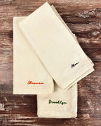 Embroidered napkin with personalized name, custom dinner napkin for holiday table settings, and hostess gifts