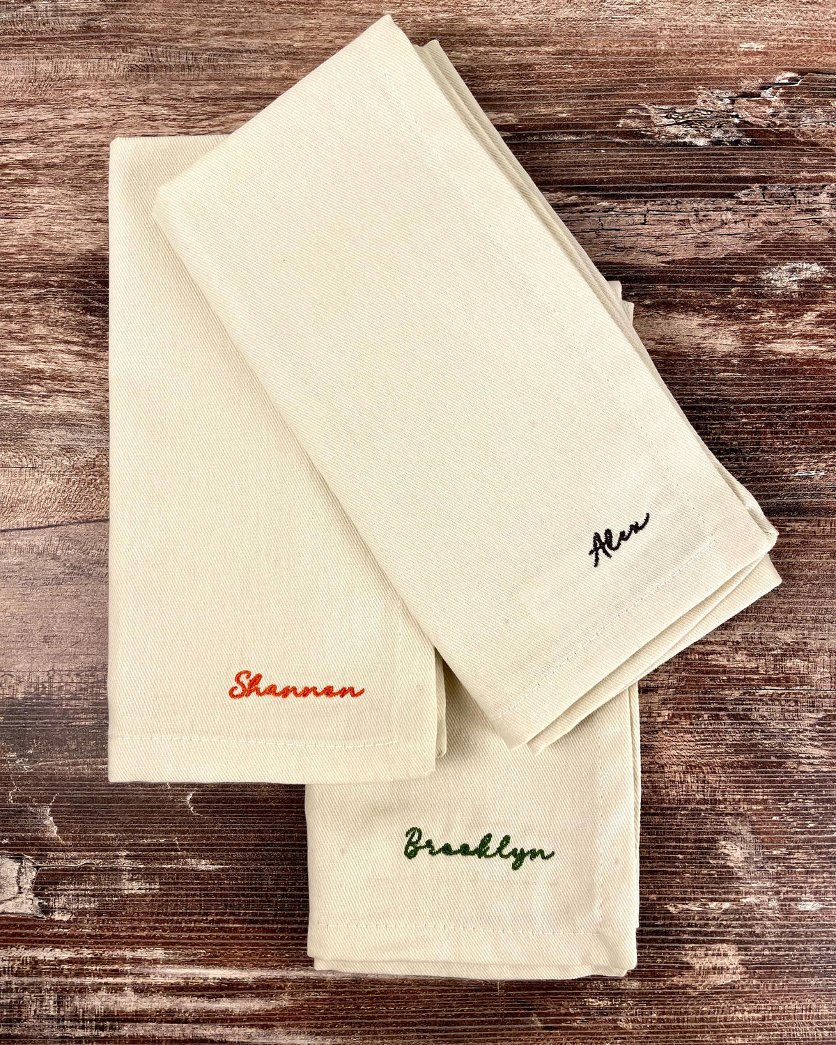 Embroidered napkin with personalized name, custom dinner napkin for holiday table settings, and hostess gifts