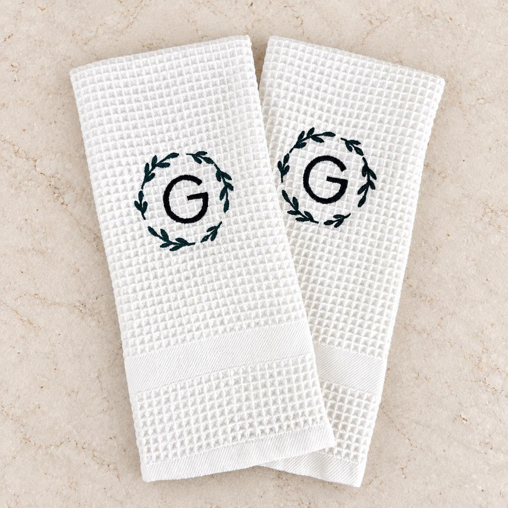 Personalized kitchen towel with custom embroidered monogram, thoughtful kitchen decor for a wedding, engagement or housewarming gift