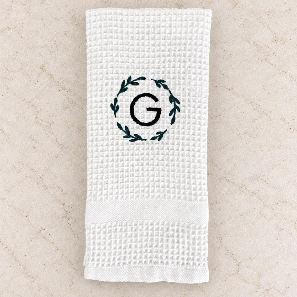 Personalized kitchen towel with custom embroidered monogram, thoughtful kitchen decor for a wedding, engagement or housewarming gift