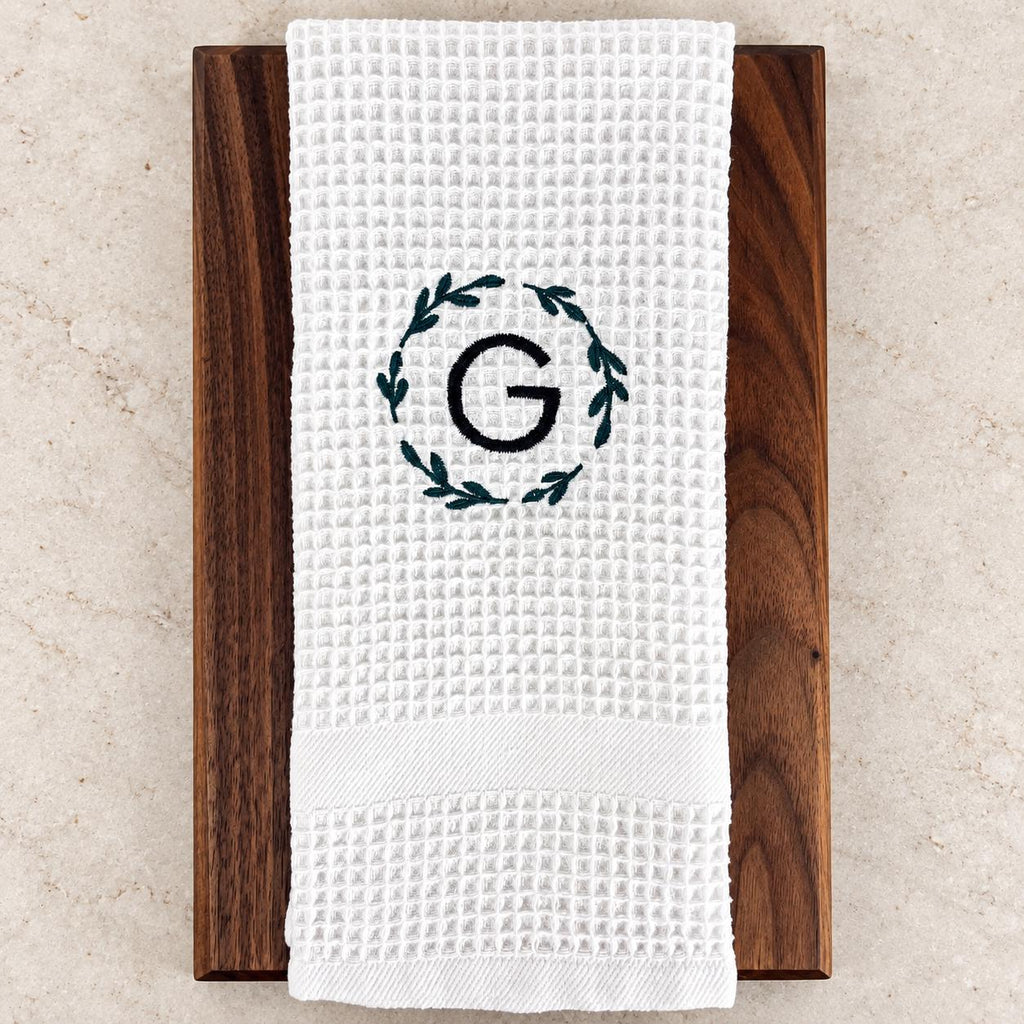 Personalized kitchen towel with custom embroidered monogram, thoughtful kitchen decor for a wedding, engagement or housewarming gift