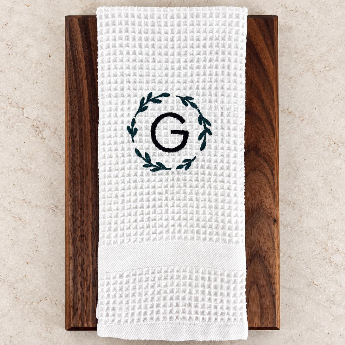 Personalized kitchen towel with custom embroidered monogram, thoughtful kitchen decor for a wedding, engagement or housewarming gift