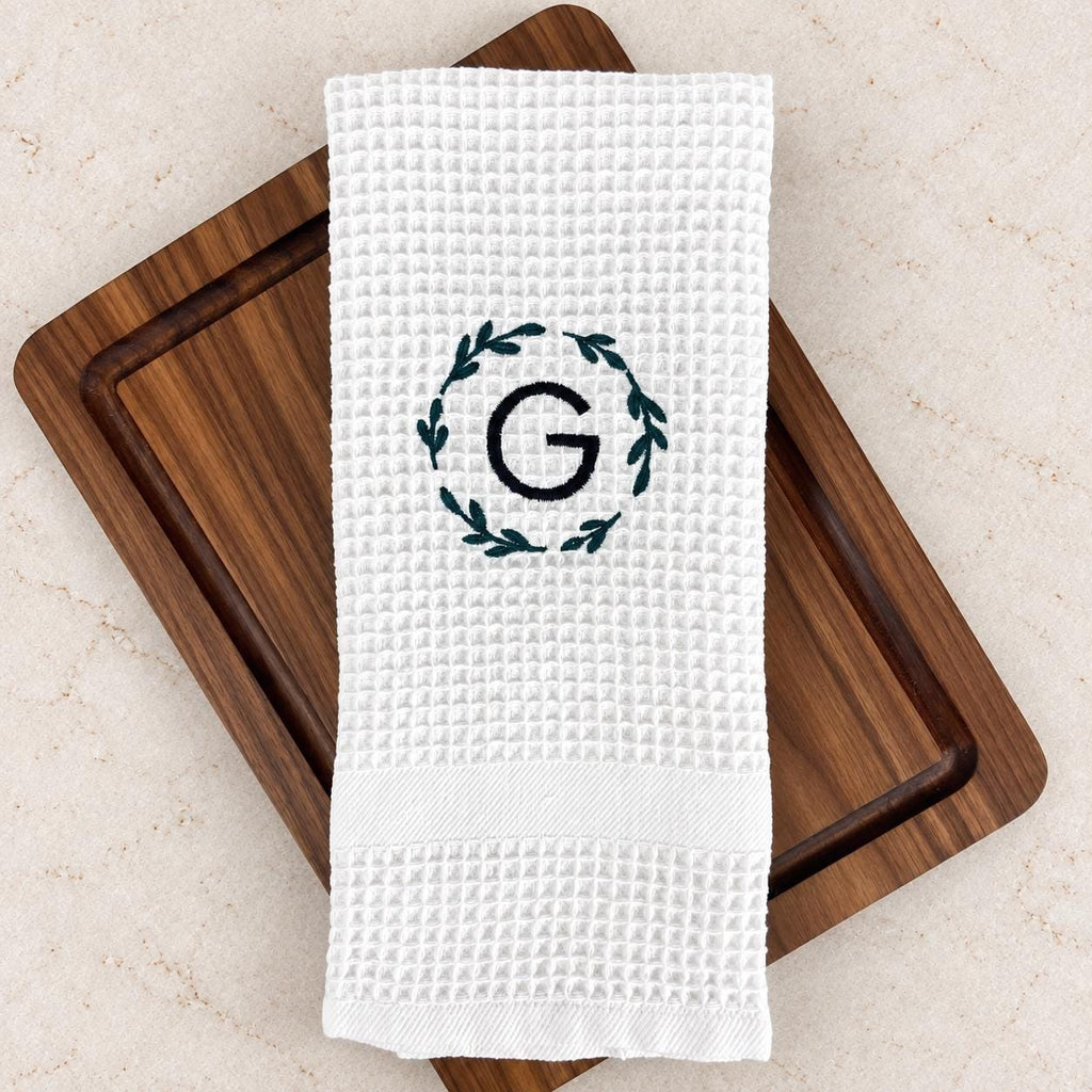 Personalized kitchen towel with custom embroidered monogram, thoughtful kitchen decor for a wedding, engagement or housewarming gift