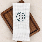 Personalized kitchen towel with custom embroidered monogram, thoughtful kitchen decor for a wedding, engagement or housewarming gift