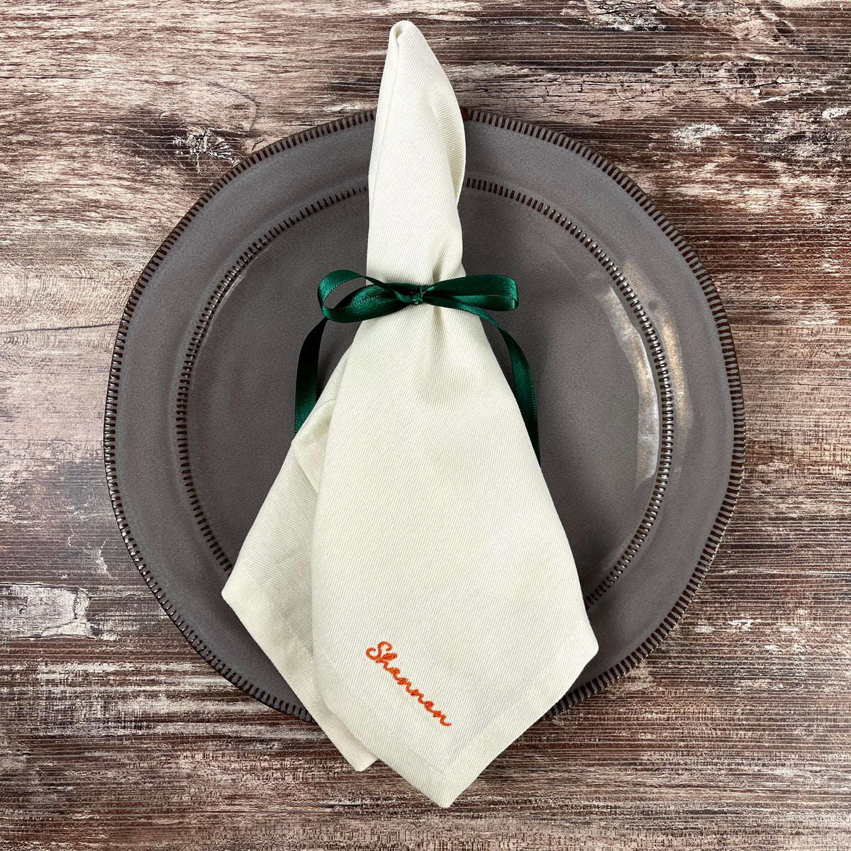 Embroidered napkin with personalized name, custom dinner napkin for holiday table settings, and hostess gifts