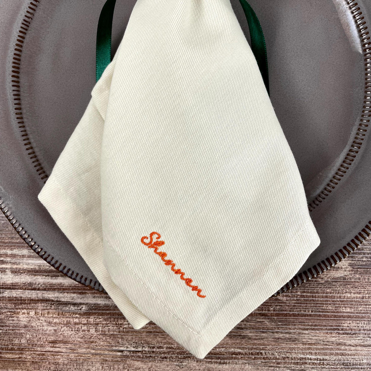 Embroidered napkin with personalized name, custom dinner napkin for holiday table settings, and hostess gifts