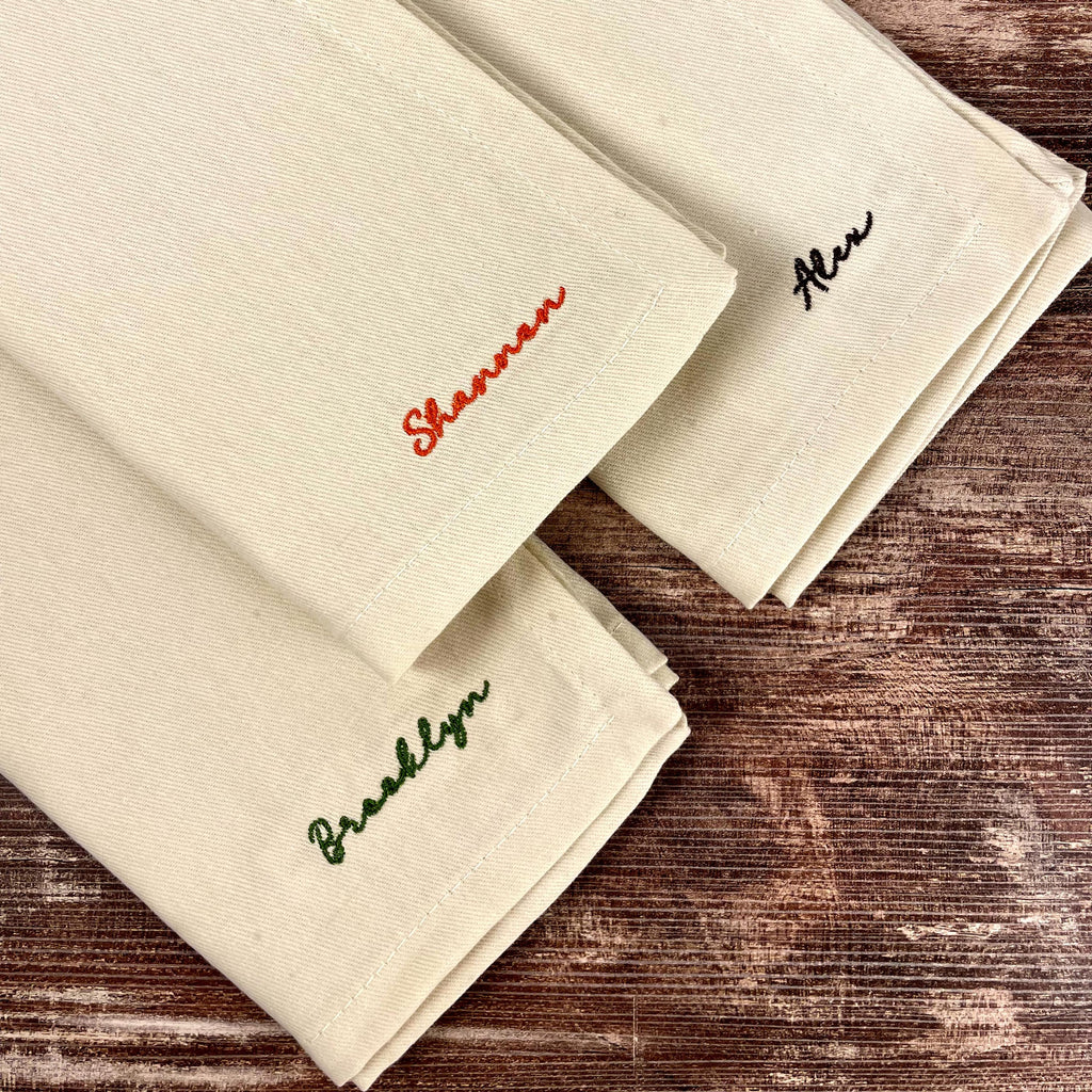 Embroidered napkin with personalized name, custom dinner napkin for holiday table settings, and hostess gifts