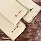 Embroidered napkin with personalized name, custom dinner napkin for holiday table settings, and hostess gifts